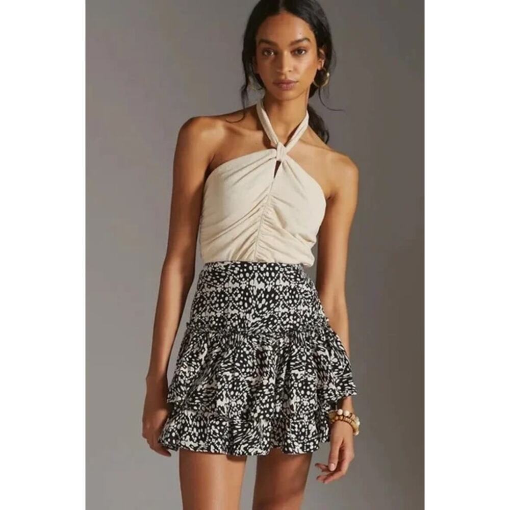 Maeve Anthropologie Women's Mini‎ Tiered Ruffle Skirt Black Beige Side Zip NWT 0